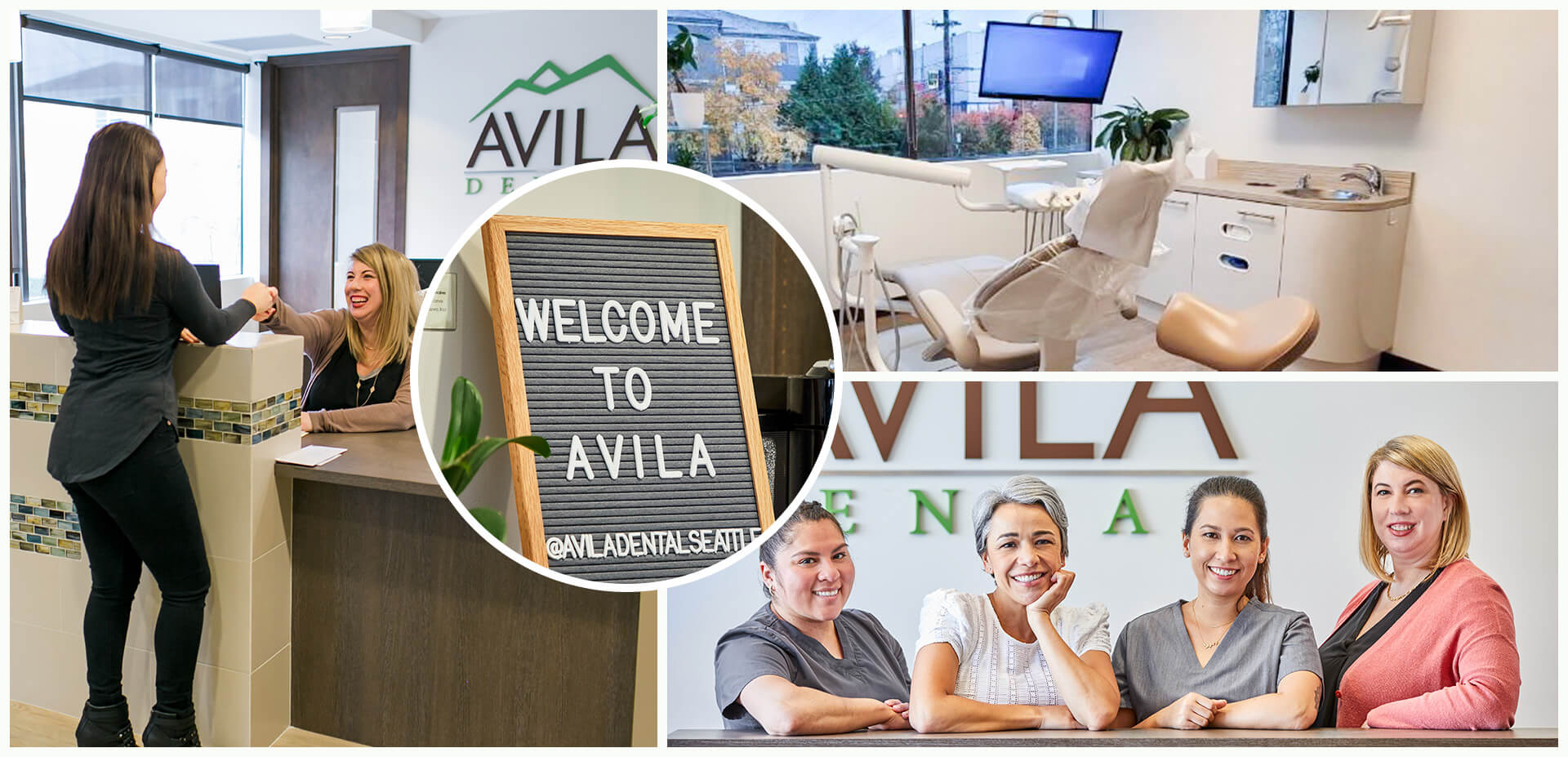 Collage de imágenes del personal y la oficina de Avila Dental.